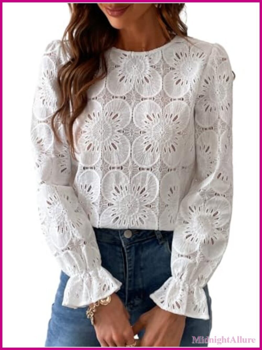 Women's Long Sleeve Eyelet Top Hollow Out Lace Embroidered Crochet Blouse